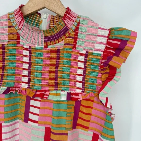 THML Smocked Ruffle Top Womens Medium Multicolor Geometric Patchwork Sleeveless - Picture 4 of 9